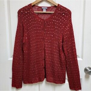 Pierre Cardin Cardigan Sweater Women L Red Sequins Button Up Vintage Long Sleeve